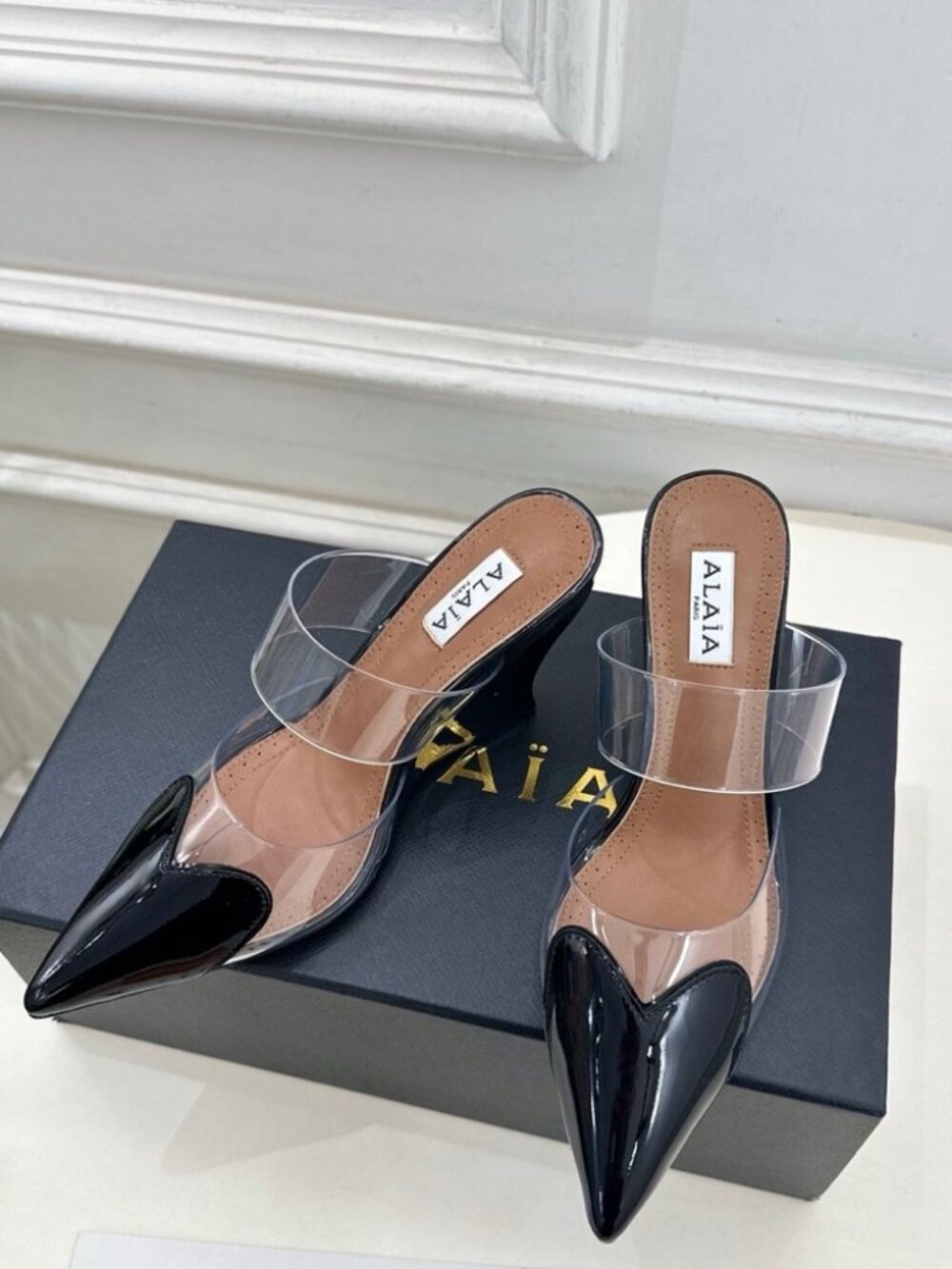ALAIA Women's Transparent Strap High-Heel Mules with Heart Detail - Picture 2 of 7